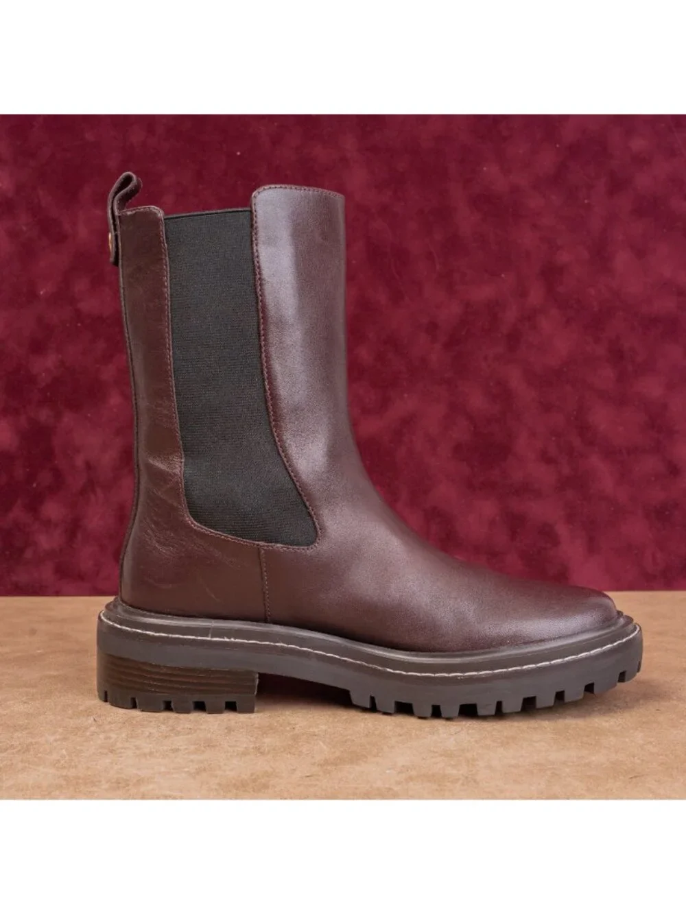 Tory Burch Women Benton Chelsea Fashion Burgundy Leather Lug Ankle Boots sz 8